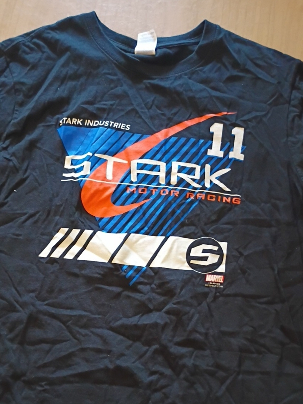Gildan Navy Blue Stark Motor Racing Graphic Tee with Orange & Blue Print